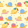 Colorful cartoon snail crawling in different directions.