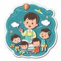 Colorful cartoon sticker of a teacher with students, books, and an apple, with a dreamy blue background Royalty Free Stock Photo