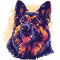 Colorful cartoon style close up portrait of happy german shepherd dog on white background