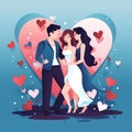 A Colorful Cartoon Style Diverse Polygamy Lovers, Open Relationship and Free Love Illustration