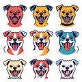 Colorful cartoon style dog faces smiling, nine different expressions dogs heads illustration