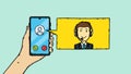 Colorful cartoon style doodle vector illustration of hand holding mobile phone and speech bubble with customer service man in it. Royalty Free Stock Photo