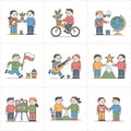 a colorful, cartoon-style illustration featuring a series of nine different scenes arranged in three rows and three columns.