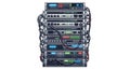 Colorful cartoon style server rack stack with multiple rows and columns of servers featuring labeled ports and connected cables in Royalty Free Stock Photo