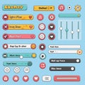 Colorful cartoon-style user interface elements on a light blue background. Includes