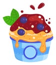 Colorful cartoon yogurt cup with dripping berry sauce and sprinkles. Fresh blueberries and green leaves on top Royalty Free Stock Photo