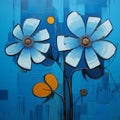 Colorful Cartoonish Blue Floral Painting On Large Canvas
