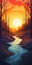 Colorful Cartoonish Landscape Illustration With River And Woods