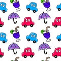 Colorful cartoons cars, umbrella, drinks seamless repeat pattern background. Illustrators drawing