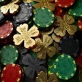 Colorful casino chips and clover on black background. 3d illustration Royalty Free Stock Photo