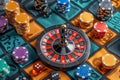 Colorful Casino Gaming Chips with Roulette Wheel and Dice on Vibrant Table Gambling and Betting Concept Royalty Free Stock Photo