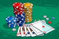 Colorful Casino Poker Chips Stack and Royal Flush Playing Cards on Vibrant Green Background Illustration Royalty Free Stock Photo