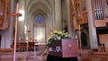 A colorful casket in a hearse or chapel before funeral or burial at cemetery