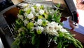 a colorful casket in a hearse or church before funeral