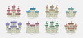 Colorful castles and fortresses icons set