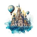 Colorful castles in a watercolor style isolated on a transparent background. Fairytale historical castle. Watercolor
