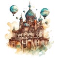 Colorful castles in a watercolor style isolated on a transparent background. Fairytale historical castle. Watercolor