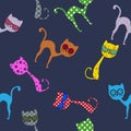 Colorful cat with glasses. Seamless pattern