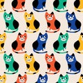 Colorful cat hand drawn vector illustration. Funny kittens seamless pattern for kids fabric. Royalty Free Stock Photo