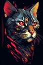 a colorful cat with red eyes on a black background