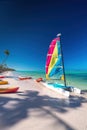 Colorful catamaran sailboat on tropical beach and caribbean sea Royalty Free Stock Photo