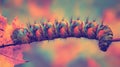 Vibrant Hairy Caterpillar on Branch with Autumn Leaves Royalty Free Stock Photo