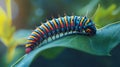 A colorful caterpillar crawls on a green leaf Royalty Free Stock Photo