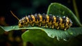 Colorful Caterpillar Feasting On Rain-kissed Leaves In Dark Yellow And Navy