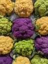 Colorful cauliflowers inside a supermarket