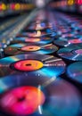 Colorful CDs Reflected Under Rainbow Lights Creating a Mystical Abstract Effect Royalty Free Stock Photo