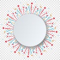 Colorful celebration background with various party confetti and fireworks. Circle paper speech bubble space for any text.