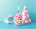 Colorful celebration background with various party decoration and cupcake. Minimal party concept