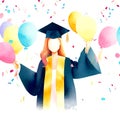 happy graduation day with happy female graduate holding celebration balloons
