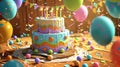 Colorful Celebration: Colorful birthday cake surrounded by balloons and confetti, perfect for parties and celebrations