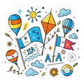 Colorful celebration illustration with flags, balloons, kites, and other festive elements Royalty Free Stock Photo