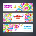 Colorful celebration ornate splash Party banners header. Happy birthday greeting cards Ornamental template set design.