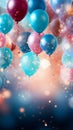 Colorful celebratory background, featuring balloons, confetti, sparkles, and lights