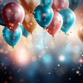 Colorful celebratory background, featuring balloons, confetti, sparkles, and lights