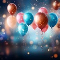 Colorful celebratory background, featuring balloons, confetti, sparkles, and lights