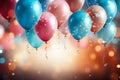 Colorful celebratory background, featuring balloons, confetti, sparkles, and lights