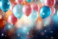 Colorful celebratory background, featuring balloons, confetti, sparkles, and lights