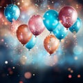 Colorful celebratory background, featuring balloons, confetti, sparkles, and lights