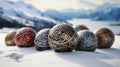 Colorful Celtic Christmas baubles on snow on a sunny day