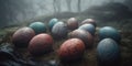 Colorful Celtic Easter Eggs in a Misty Woodland