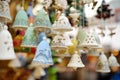 Colorful ceramic bells and other decorations sold on Christmas market in Riga