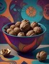 Colorful ceramic bowl filled with whole chestnuts, set against a dynamic retro styled background with an abstract design,