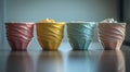 Colorful ceramic cups with whimsical designs on a reflective surface