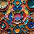 Colorful ceramic dishes are arranged in a vibrant, symmetrical pattern on a textured brown surface Royalty Free Stock Photo