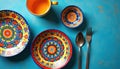 Colorful ceramic plates, bowl, cup display vivid floral mandala patterns. Hand painted dinnerware set sits on blue table with Royalty Free Stock Photo