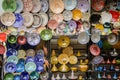 Colorful ceramic plates and pots in Morocco Marrakech souks Royalty Free Stock Photo